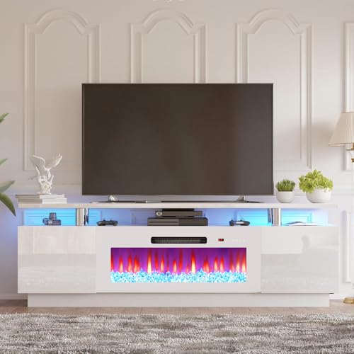 AMERLIFE Fireplace TV Stand with 36" Fireplace, 70" Modern Fireplace Entertainment Center LED Lights, 2 Tier TV Console Cabinet for TVs Up to 80", White & White - color: White & White, size: 70"