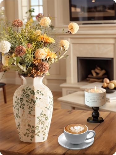 Vintage Ceramic Vase - 9 Inch Hand-Painted Flowers with Ice Crackle Glaze Finish, American Farmhouse Style Pitcher Vase for Home Decor, Centerpiece, Shelf, Table, Office - color: Beige and Green-003