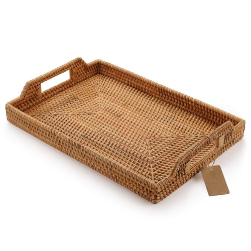 Hand-Woven Rattan Rectangular Serving Tray with Handles for Breakfast, Drinks, Snack for Coffee Table (14.5x10.2x1.4inches) - size: 14.5x10.2x1.4inches