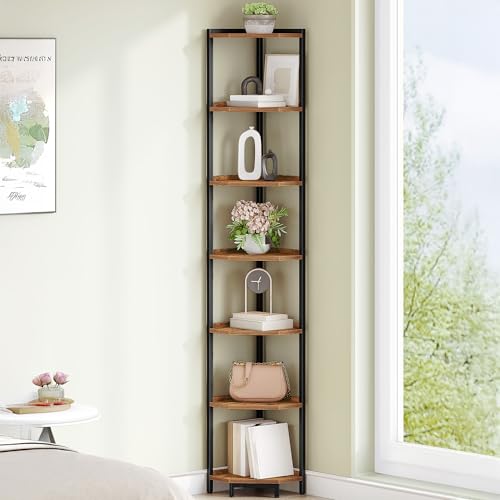 Hzuaneri Corner Shelf Stand, Corner Bookshelf, Storage Standing Shelf Unit with Metal Frame, Plant Stand, Bookcase for Living Room, Home Office, Bedroom, 7-Tier Rustic Brown CS07001B - color: Rustic Brown, size: 7 Tier
