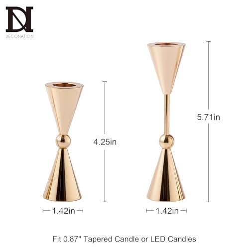 DN DECONATION Gold Taper Candle Holders Set of 2, Tapered Candlestick Holders Decor for Fall Thanksgiving Table Centerpiece Wedding Decorations, Modern Metal Candle Holder for Living Room, Mantel - color: Gold Conical