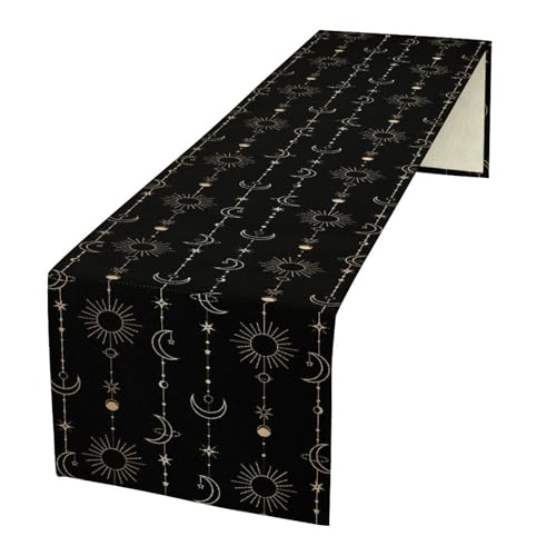 Boho Moon Star Table Runner Cosmic Objects Connected by Lines Modern Abstract Farmhouse Kitchen Dining Table Decoration for Home Party Decor Table Runners 13x36in - color: Black-golden, size: 13x36in