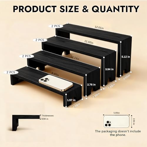 Wooden Display Stand Wood Tiered Racks, 2 Set 8 Piece Wood Display Shelf for Cupcake,Jewelry,Card, Vendor Events, Table Shelves Wooden Riser Organizer Dessert Showcase-Black - color: Black