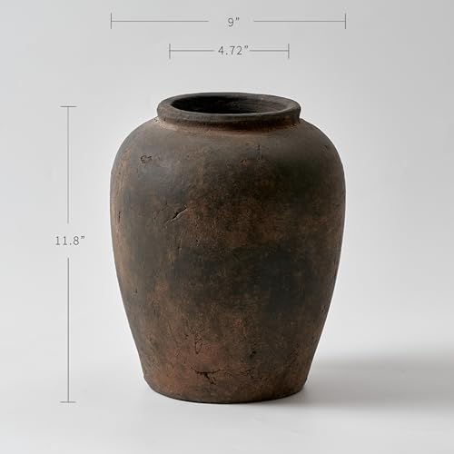 LB2 Brown Ceramic Large Vase, 11.8" Tall Zen Style vase, Terra Cotta Pitcher, Distressed Farmhouse Decor, Pottery Decorative Flower for Home Decor (A - Brown 11.8") - color: A - Brown 11.8"