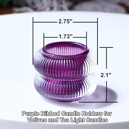 Woho Ribbed Votive Candle Holders Set of 6 for Wedding Decor, Vintage Tealight Candle Holder for Halloween/Thanksgiving, Glass Tea Lights Candle Holder for Dinner Table (Purple, 2.1" H X 2.75" D) - color: Purple