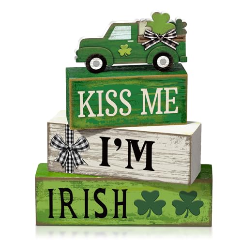 Yuntau 4 Pcs St Patricks Day Decorations Lucky Shamrock Wooden Sign Truck Table Centerpiece St Patricks Day Tiered Tray Decor Decorative Faux Book Stack Block for Fireplace Mantel Floating Shelf - style: Shamrock