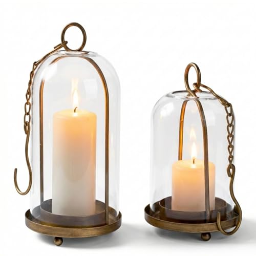 Metal Candle Holder Set (5.3"×11.8" & 3.9"×7.8"), Gold Hurricane Glass Candle Holders for Pillar Candles Wedding Party Table Coffee Table Decor