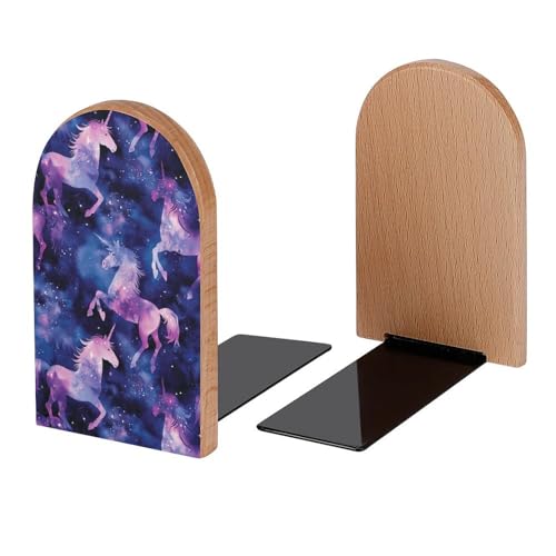 Galaxy Unicorn Book Ends Decorative Wood Bookends for Shelves Kids Room Desk Home Office Book Stoppers for Books, DVDs, 1 Pair/2 Pieces(5x3.1 in) - color: Galaxy Unicorn