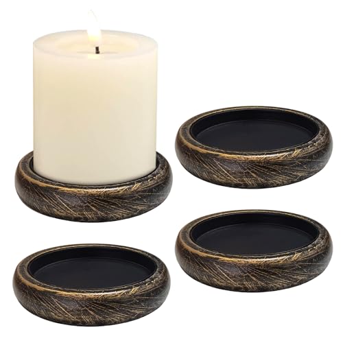 Candle Holder for Pillar Candle Set of 4, Farmhouse Wood Candle Plate, Rustic Wooden Candle Stand, Candles Tray Decorative for Living Room, Table Centerpiece, Black Gold - color: Black Gold, size: Set of 4