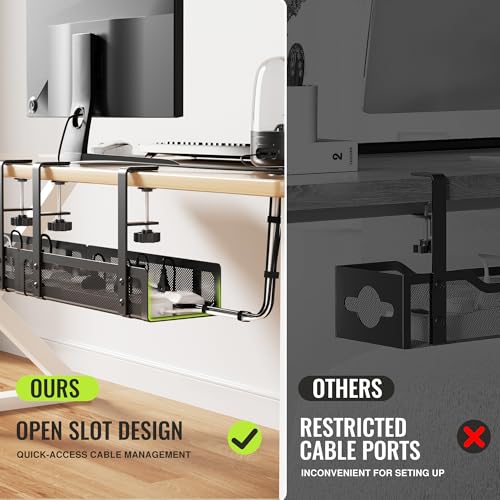 [Upgraded] 2 Pack Cable Management Under Desk Tray, Xpatee 27.6" No Drill Open Slots Cable Management Tray, Cord Wire Organizer Box with Clamp for Table Thickness up to 3" - No Desk Damage(Black) - color: Black, size: 2 Pack (Upgraded Mesh)