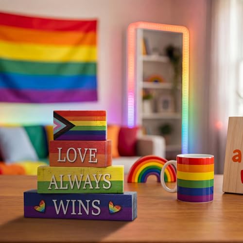 Smile Pride Month "Love Always Wins" Wooden Tabletop Decor LGBTQ+ Rainbow Wood Sign Desktop Plaque Set for Home, Office, Party Decor - Gay Pride Gift - style: LGBT