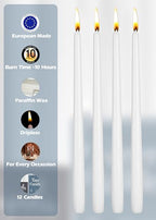 12 Pack Tall Taper Candles - 12 Inch White Dripless, Unscented Dinner Candle - Paraffin Wax with Cotton Wicks - 10 Hour Burn Time - size: 12 inch