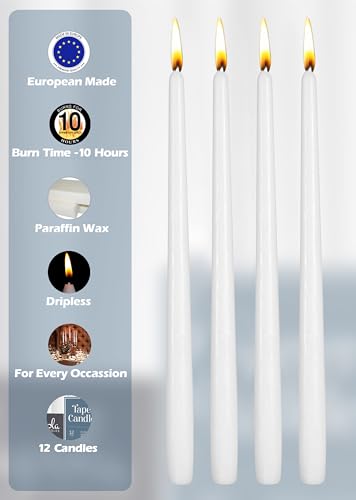 12 Pack Tall Taper Candles - 12 Inch White Dripless, Unscented Dinner Candle - Paraffin Wax with Cotton Wicks - 10 Hour Burn Time - size: 12 inch