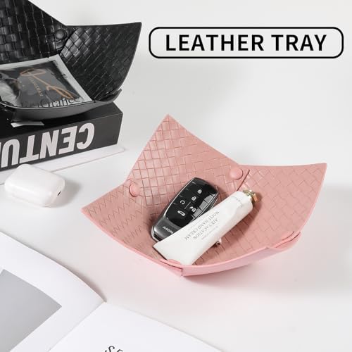 KINIVA 2 Pack PU Leather Jewelry Valet Tray for Men Women,Small Key Bowl for Entryway Table,Portable Travel Catchall Dice Tray (Bowl-Pink-2pcs) - style: Bowl-Pink-2pcs