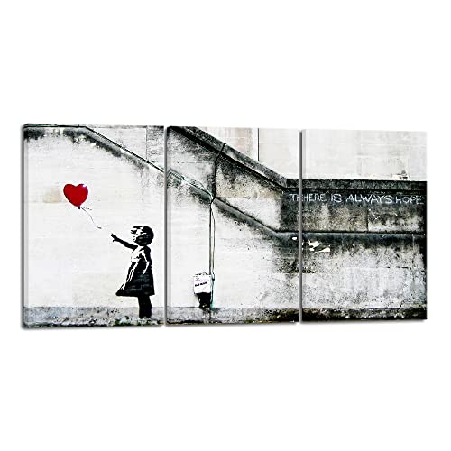 Wieco Art Banksy Grafitti Girl with Red Balloon Modern 3 Piece Famous Canvas Paintings Wall Art Inspirational Grey Love Pictures Print Artwork for Dining Room Kitchen Home Office Decor - color: Girl with Red Balloon, size: 16 x 24 inches (Unframed)