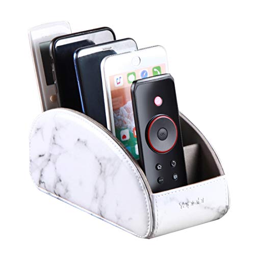 All-in-One Leather White TV Remote Holder with 5 Compartments Nightstand Desktop Media Player Remote Caddy Storage Box Organizer Tray for Mobile Phone Office Stationery - color: Marble White, size: Large