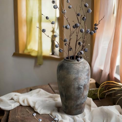 12 Inch Vintage Farmhouse Decor Ceramic Rustic Vase, Handmade Brown Flower Vases for Centerpieces, Living Room & Kitchen Shelf Decorative Pottery Vase for Home Decor - color: Brown, size: Small