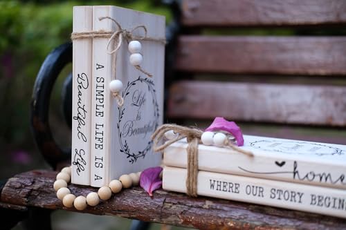 LIVDUCOT Decorative Books for Home, White Faux Books for Decoration, Rustic Farmhouse Display Wood Book Stack Coffee Table Decor Set of 2 (A Simple Life Is A Beautiful Life) - color: Life is beautiful