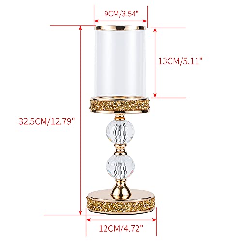 Pillar Candle Holder, 13 Inch Crystal Candlesticks for 3''X5'' Candles, Dining Coffee Table Decor, Wedding, Events, Parties - Glass and Gold Finish - size: 2 crystal balls