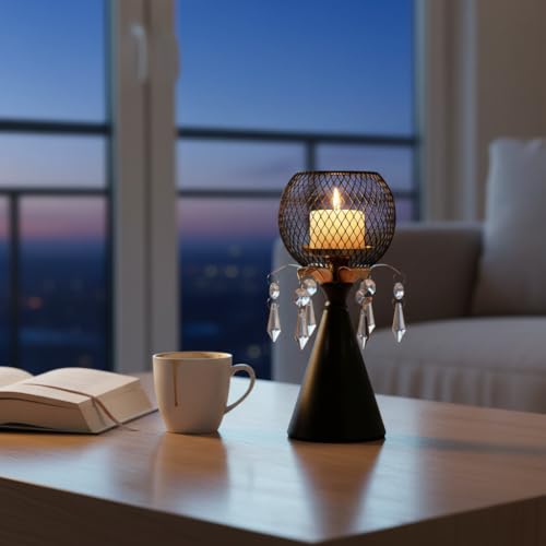 Black Metal Mesh Candle Holder with Crystal Pendants, 9.0" Decorative Pedestal Design, Candlestick with Diamond Globe Centerpiece for Holiday&Valentine's Day&Home Decor, Matte Finish, 1 Pack - color: Black