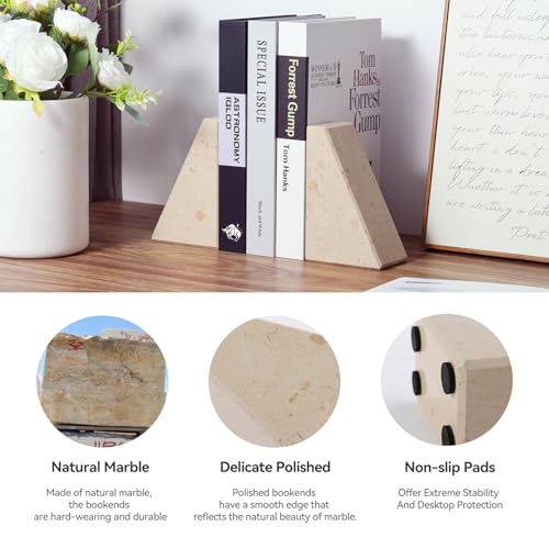 Karibiber Marble Bookends for Heavy Books, Decorative Book Ends for Shelves, Beige Stone Durable and Heavy-Duty Book Ends for Hardback Books & CDS, Unique Book Stopper & Holder, Set of 2 - color: Jura Beige