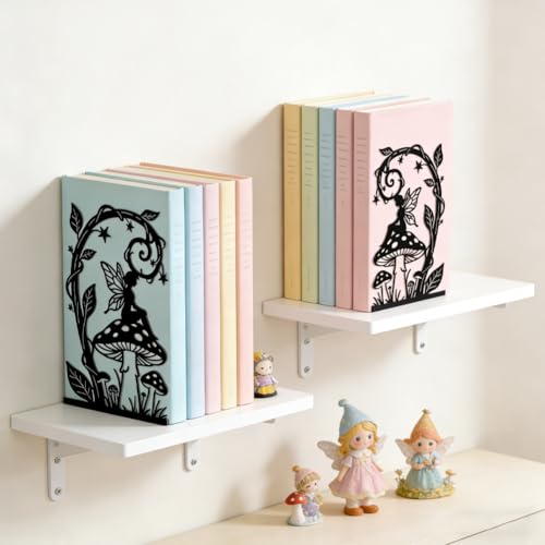 Peacoblue Metal Bookends for Shelves, Modern Decorative Heavy Duty Study Book Ends Stoppers for Office Desk Shelf, Room 5.3"x4.3"x7.9" Cast Iron Tall Bookends 1 Pair (Fairy Tale with Mushroom) - style: Fairy Tale with Mushroom