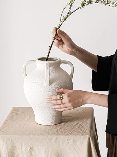 Large White Ceramic Vase - 10.8 Inch Rustic Farmhouse Vase with Handles for Home Decor, Vintage Tall Vases for Living Room, Table, Bathroom, Holiday & Weddings (Rock Sand White) - color: Rock Sand White-10.8"