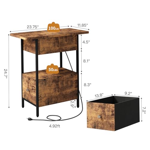 SOOWERY End Table with Charging Station, Narrow Side Table with Flip Top Cabinet and Fabric Drawer, Nightstand Bedside Tables for Small Spaces, Bedroom, Living Room, Rustic Brown - color: Rustic Brown