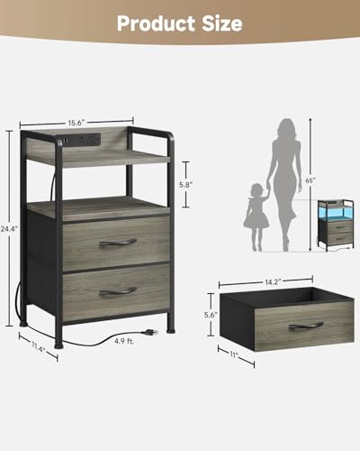 Lazzanto Night Stand Bedside Charger Bedroom - Grey Nightstand with Charging Station & LED Light Strip, Morden End Table with USB Ports & AC Outlets, Night Stand with Storage Shelf & 2 Fabric Drawers - color: Grey, size: 2 Drawers