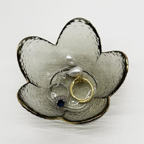 Flower Ring Dish Jewelry Tray, Glass Jewelry Dish Tray, Cute Room Decor Small Trinket Dish, Nightstand Jewlery Ring Holder, Bathroom Jewlery Plate Bowl for Earring Gift for Women (Smoky Black) - color: Smoky Black