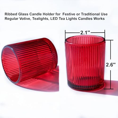 VOHO Red Candle Holders Set of 12, Ribbed Glass Votive Candle Holders Bulk for Holiday/Party Decorations, Tea Lights Candle Holder Wedding Centerpieces for Tables - color: Red