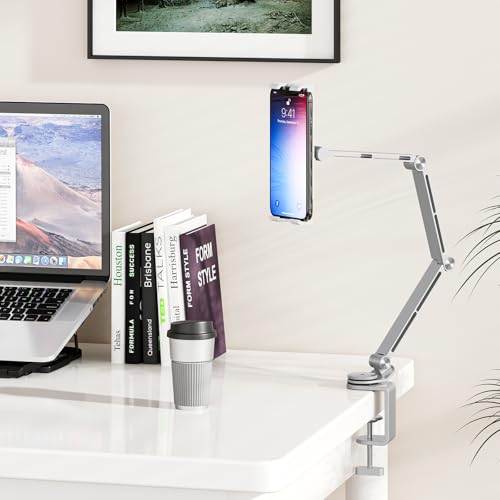 Houele Tablet Stand Holder, Adjustable Foldable Tablet Arm iPad Desk Mount with 360°Rotate Base, Phone Holder iPad Stand for Desk and Bed, Compatible with Tablets, Phones or Other 4-15.6" Device - color: Silver