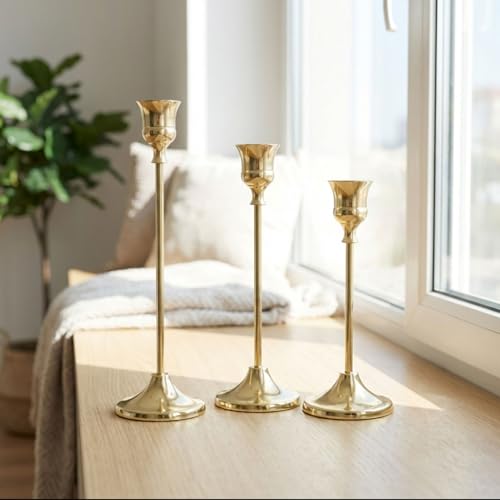 1 Sets Candle Holder Brass Metal Candlestick Holders - HearthLume Vintage Modern Metal Taper Candle Holders, Decorative Centerpiece for Table Mantel, Wedding Kitchen Home Decor, Wedding Gift,3Pcs - color: Brass, size: 3pcs