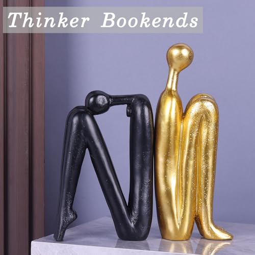 Heavy Bookends for Heavy Books – Modern Decorative Book Ends Thinker Statue, Creative Bookends Book Stopper for Shelves, Abstract Sculpture Bookshelf Desk Decor for Home Office (Black and Gold) - color: Black Gold