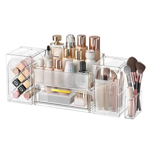 INVSSENE Stackable Makeup Organizer Countertop, Storage Perfume Skincare Cosmetic Lipstick Face Mask Makeup Brush Palettes, Ideal for Vanity Bathroom Counter - color: 3516 Clear