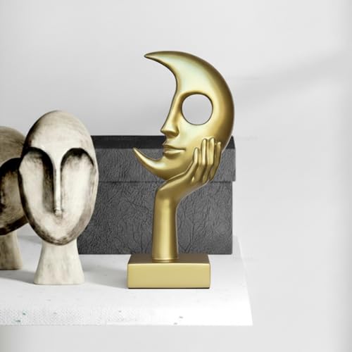 Golden Thinker Statue, Abstract Moon face Sculpture, Modern Home Decor Ornament, Suitable for Study, Office, TV Cabinet, or Tabletop, Golden Resin Statue - color: Gold, size: Large