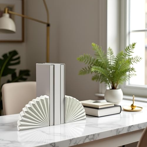 Fan Shape Book Ends Decorative Bookends for Shelves, Modern Fan Bookends for Bookshelf Decor, Minimalist Decorative Book Stoppers for Home Office - color: Geometric Fan - Off White