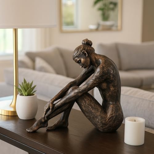 Home and Office Figurative Sculpture – Contemporary Resting Ballerina Artwork Statue for Living Room, Bedroom, Bathroom, or Shelf Decor – Artful Ornament for Modern Living – 14" Bronze & Copper - size: 14.0" H