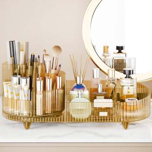 Rotating Makeup Organizer for Vanity with Brush Holder, Cosmetic Makeup Storage Organizer, Large Spinning Makeup Skincare Organizer, Countertop Makeup Perfume, Lotions Display Case (Transparent Gold) - color: Transparent Gold