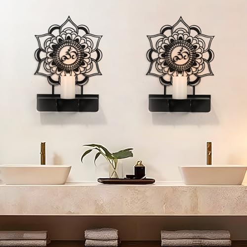 Om Mandala Metal Candle Holder 1 Pack, Black Metal Candlestick Holders, Candle Wall Holder, Spiritual Zen Wall Decor, Meditation Decor for Living Room, Dining Room, Yoga Room