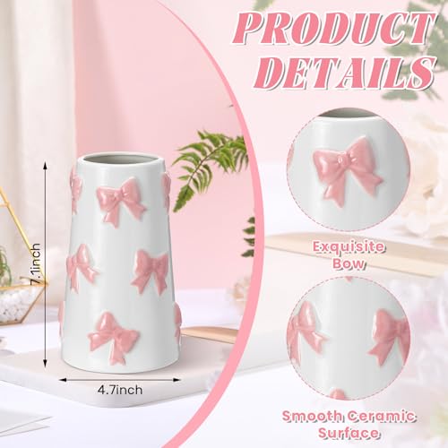Chunful Embossed Pink Bow Ceramic Vase for Home Decor 7.1 Inch Cute Coquette Gifts for Women Girls Mother's Day Modern Decorative Bouquet Flower White Vases for Living Room Table - style: Pink Bow