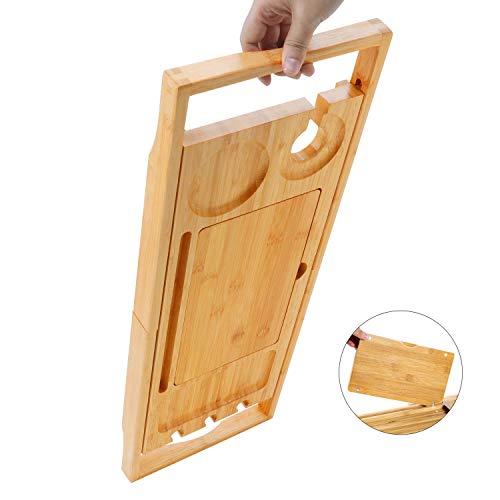 Utoplike Bamboo Bathtub Caddy Tray Bath Tray for Tub, Adjustable Bathroom Bathtub Organizer with Book Tablet Wine Glass Cup Towel Holder (24.5"-37.4") - color: 24.5-37.4 in