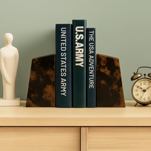 Bey-Berk Tiger Eye Marble Stone Bookends, Brown – Heavy-Duty Desk and Bookshelf Organizer, Decorative Book Holder