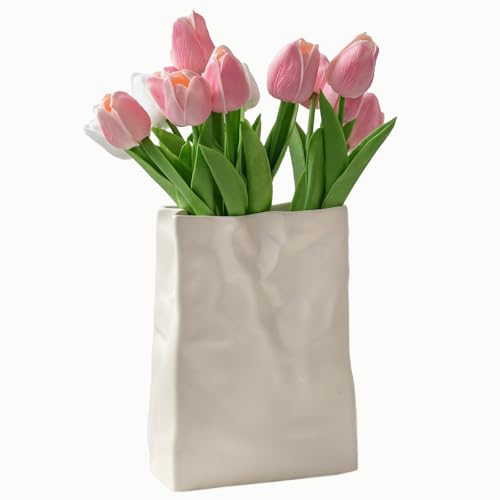 Relexome Paper Bag Vase Crinkle Wide Ceramic Flower Vase Cream White Boho Wabi-Sabi Vases, Cute Home Office Living Room Decor Aesthetic Unique Bookshelf Decorative, Bouquet Gifts for Women Girl 8 Inch - color: Cream White