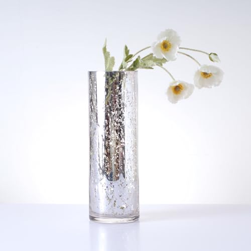 Hosley 12 Inch High Metallic Silver Speckled Finish Glass Floral Vase. Ideal Gift for Floral Arrangements Weddings Bridal Spa Meditation Reiki Rose Vase Nautical Settings Led Lantern Votive Garden P1 - color: Metallic Silver