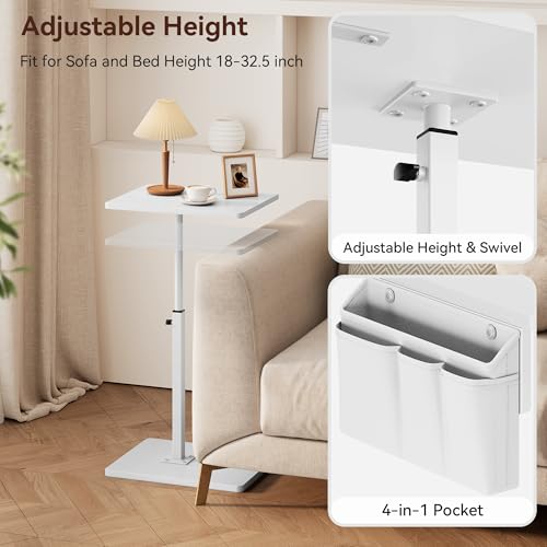 Vagusicc Sofa Armrest Tray Table for Couch, 360° Swivel Height Adjustable TV Tray Table for Small Spaces, Snack Side Table for Couch, Bed, Chair, C Shaped End Side Table for Eating, Reading, Laptop - color: White, style: With Storage Bag