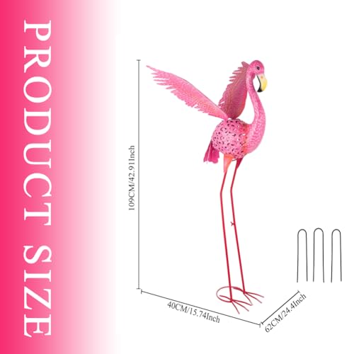 43" Metal Flamingo Garden Sculptures with Solar Light, Pink Flamingo Yard Art - Large Outdoor Lawn Ornaments & Decor for Patio, Backyard, Garden - size: 43Inch