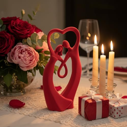 Velvet Flocked Couple Sculpture, Romantic Decorative Statue Modern Abstract Art Figurine for Anniversary, Wedding Gift, Living Room, Vanity, Dining Table Centerpiece (Red) - color: Couple01-red