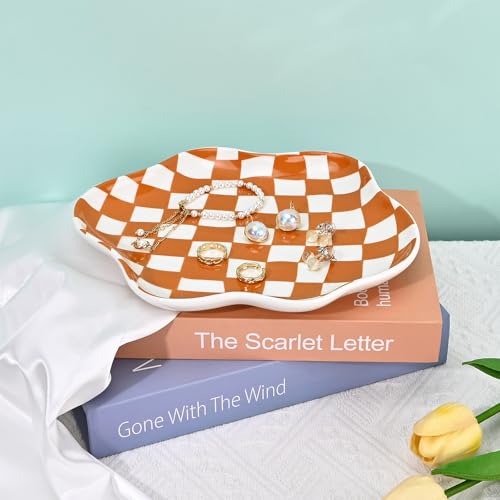 Koythin Jewelry Tray, Ceramic Jewelry Dish Trinket Tray Organizer, Checkered Pattern Aesthetic Decorative for Kitchen, Bathroom, Birthday Gift (Brown Plaid) - color: Brown Plaid