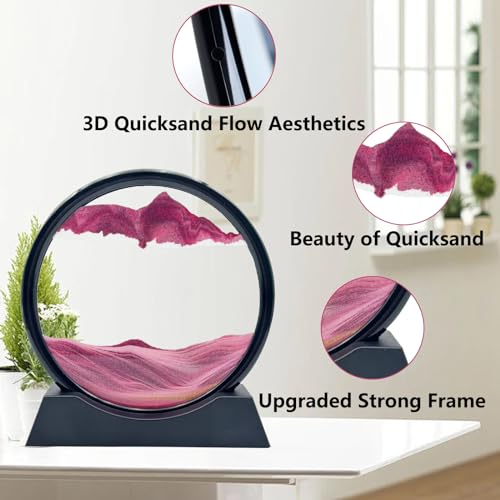 AzureLeap Moving Sand Art Liquid Motion, 3D Deep Sea Sandscape Color Quicksand Decor, Round Glass Moving Sand Art Picture Relaxing Desktop Home Office Work Decor (7 inch-Pink) - color: Pink, size: 7 inch